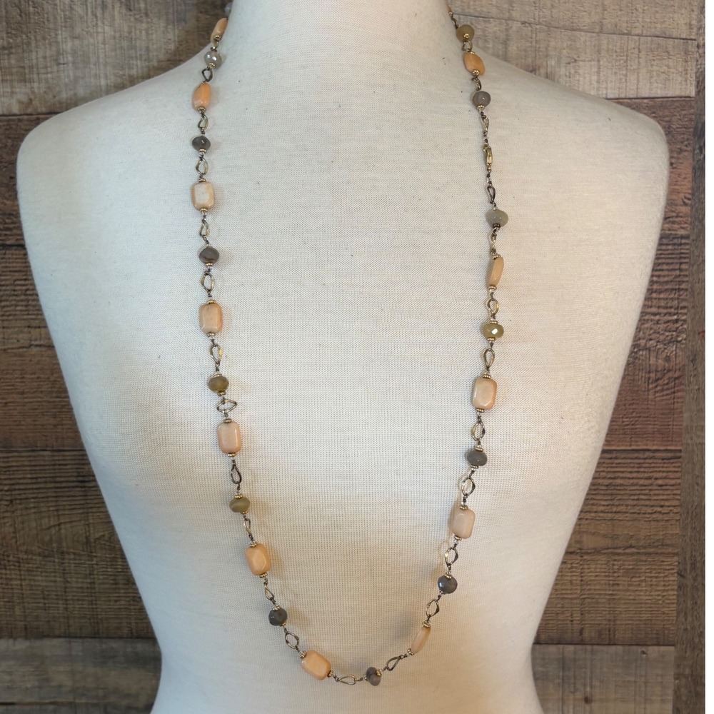 Bohemian Long Stone Station Necklace Peach Grey Gold Tone Wire Wrapped 38 Inch
